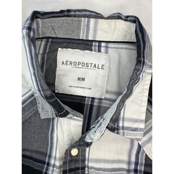 Aeropostale Black/White/Grey Medium Western Plaid Shirt Pearl Snap Long Sleeve - Picture 12 of 12